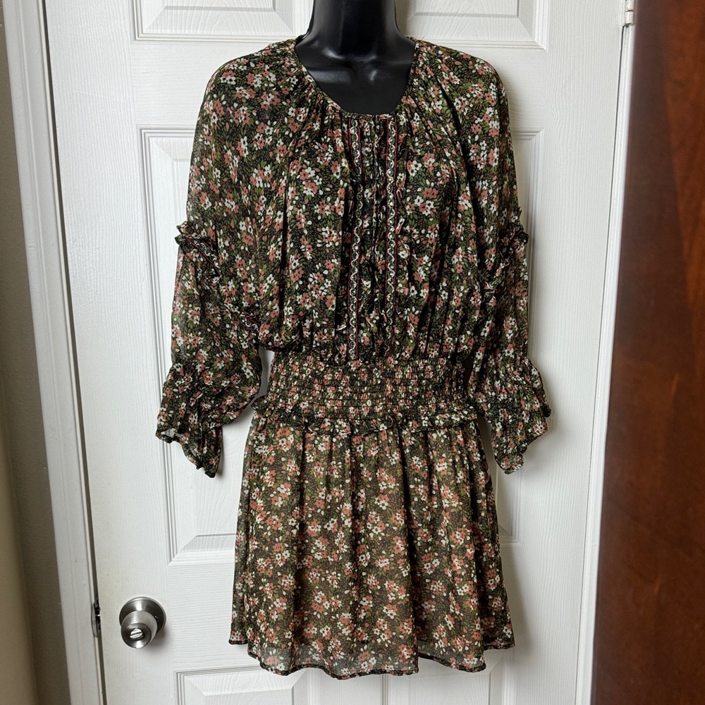 ZARA Floral Long Sleeve Lightweight Smocked Waist Dress
